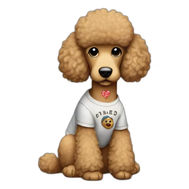 Light brown poodle seated and wearing a t-shirt of Eddie Vedder sticker