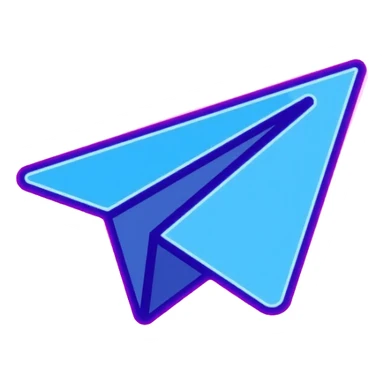 Telegram paper airplane logo in classic blue color, with neon glow lines, blue neon glow on top left, purple neon glow on bottom right sticker