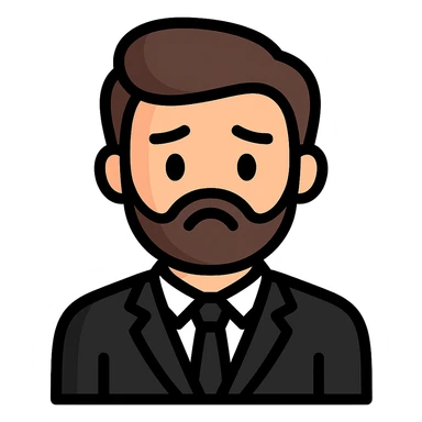 Create a simplified, vector-style Twitch emoji version of the person in the photo. Focus on the face and upper torso, dressed in a suit, with a sad expression. Background should be transparent and the style should be clean and minimalistic, suitable for Twitch emoji use. sticker
