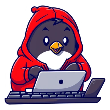 A penguin wearing a red hoodie looking focused while typing on a mechanical keyboard sticker