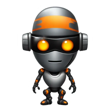 A shiny glossy ninja-like robot with a combination of black, orange and gray colors with blindfolds sticker