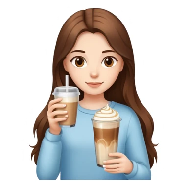 girl with long brown hair has ice latte coffee in glasse cup sticker