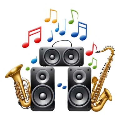 Icon for R&B Music Listening: large concert speakers and headphones with waves of musical notes coming out, along with drums, bass guitar and saxophone. The icon should convey the energetic and rhythmic vibe of R&B music. Transparent background sticker