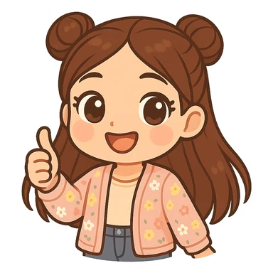 Create a chibi sticker of the girl from the reference image, showing a thumbs up and looking happy. She has brown straight hair styled in double buns, brown eyes, wearing a pastel floral cardigan and jeans. The sticker should have a white outline and a transparent background, sized 512x512px. sticker