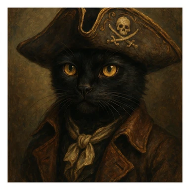 black cat with a pirate hat, style 2, detailed, artistic sticker