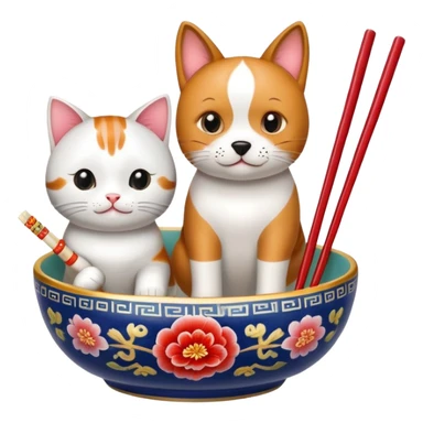 Dog and cat sitting in Chinese bowl with chopsticks  sticker