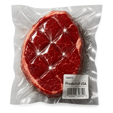 steak with diamond facets and sparkling highlights, glossy and puffy vacuum-sealed style sticker