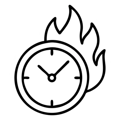 minimal outlined icon of a round clock with vivid flames sticker