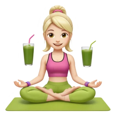 Девушка-мемоджи радостно сидит на коврике для йоги, в спортивной позе, в ярком стильном спортивном комплекте. Лицо сияющее, улыбка очень довольная и счастливая, в руках яркий стакан освежающего матча-лимонада, вокруг атмосфера свежести, отдыха и комфорта. Белый фон. 2 руки и 2 ноги sticker