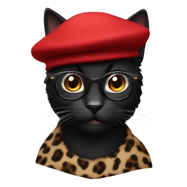 Black cat wearing a red beret with leopard glasses sticker
