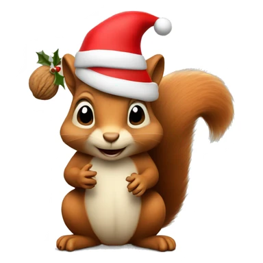 squirrel holding some walnuts and wearing a christmas hat sticker