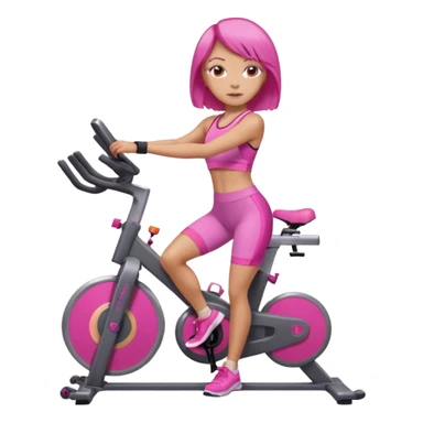 Light tan girl with a brown bob hat style with pink highlights in a pink workout set leaning on a indoor spin bike with NO HELMET,  but add pink hair highlights  sticker