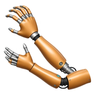 3D render of Bionic Arm, futuristic cyborg aesthetic, fusion of organic skin and chrome metal, polished silver metal arm attached to a tan skin shoulder, exposed wiring, Apple emoji style, isolated on white background --v 6.0. sticker