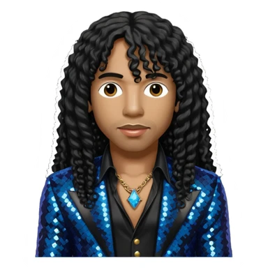 Rick James with long black curly hair, black sequin outfit sticker