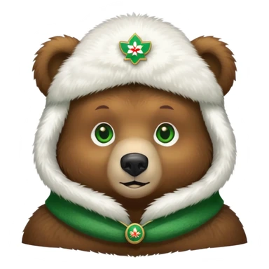 Adorable brown bear with green eyes, white furry ushanka with clear Russian Federation emblem centered on front, minimalist iOS emoji style sticker