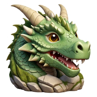 Cinematic Cute Giant Rock Dragon Portrait Emoji, Head tilted playfully and inquisitively, showcasing a robust, stone-carved body with intricately detailed, craggy textures in natural earthen tones accented by soft hints of moss, and a surprisingly gentle, endearing expression; rendered with lifelike clarity and warm, natural light, high shine, mighty yet endearing, styled with a touch of ancient, stony whimsy, soft glowing outline, capturing the essence of a mischievous stone guardian poised to rumble playfully into your embrace! sticker