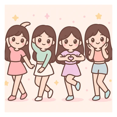 beautiful skinny women with long dark brown hair, kpop girl group at dance practice, pastel outfits, cute dance moves, studio background, kawaii style sticker