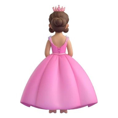 princess with brown hair in a bun, pink dress and tiara, back view, iOS 3D emoji style, high gloss, soft shadows, realistic and adorable sticker