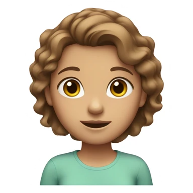 Girl with brown wavy hair, Blue/green eyes, a light tan and a pink shirt sticker