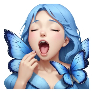 Cinematic Realistic Cute Yawning Blue Butterfly Portrait Emoji, Head tilted slightly with a dramatic, wide-open yawn, showcasing soft, downy sapphire wings with delicate, natural droop and half-closed, drowsy eyes rendered in exquisite detail, high shine, relaxed yet expressive, styled with a dash of subtle garden charm, soft glowing outline, capturing the essence of a sleepy yet affectionate blue butterfly that appears ready to rest its wings in quiet, enchanted slumber! sticker