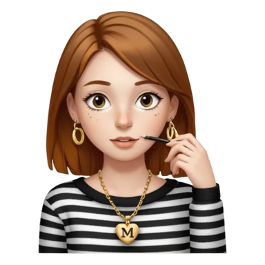 Chica guapa con pecas debajo del labio, pestañas largas con rímel, cejas finas y peludas, pelo marrón medio largo, piercing en la nariz, collar dorado con una "M" y jersey negro de rayas blancas con un hombro descubierto. sticker
