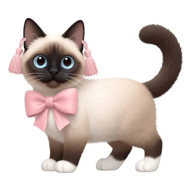 A fluffy Siamese cat with tassels on its ears and white paws, with a light pink bow. sticker