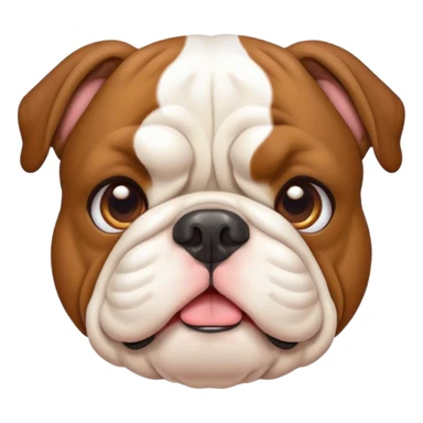 Cinematic Cute Brown and White English Bulldog Portrait Emoji, Head tilted playfully and inquisitively, featuring a glossy brown and white coat with distinct patches, round, sparkling brown eyes filled with curiosity, Simplified yet irresistibly adorable features, highly detailed, glowing with a warm, friendly glow, high shine, affectionate and charming, stylized with a touch of whimsy, bright and endearing, soft glowing outline, capturing the essence of a mischievous yet loving companion, so playful it feels like it could bound out of the screen and into your arms! sticker