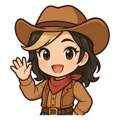 Chibi cowgirl with slightly longer hair and a blonde streak, wearing a cowboy hat and western outfit, no guns, chibi/anime style, transparent background, sized for Twitch or Discord use. Pose: waving, big happy smile. sticker