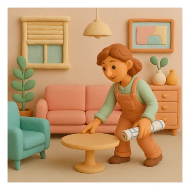 claymation style interior designer arranging furniture, pastel colors sticker