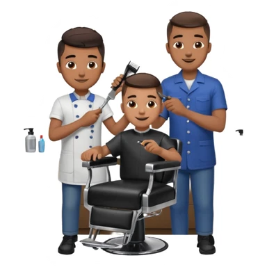 Barber cutting boys hair. Show the boy sat in black barber chair and both having smiles on their faces sticker