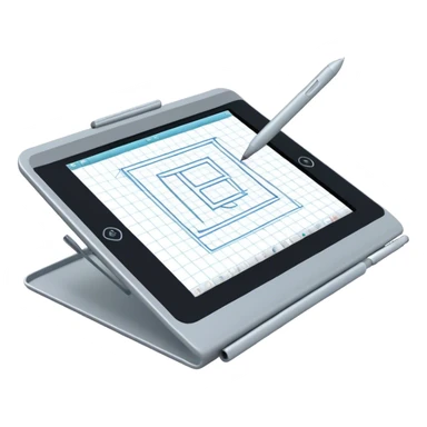 Create an emoji for 3D visualization and modeling. Show a large graphic tablet with a stylus drawing in a 3D modeling program, displaying a wireframe model that pops out from the screen. Use modern, professional colors. Do not include any emojis or smiley faces. Make the background transparent. sticker