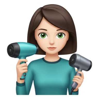 brunette bob girl hair stylist with blue green eyes holding a hair dryer sticker