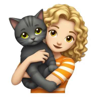 A white girl with dark blonde curly hair and green eyes hugging her dark grey cat with orange stripes and yellow honey eyes sticker