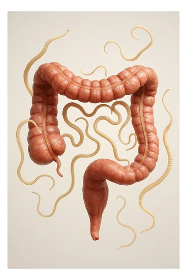 INTESTINO UMANO ANATOMICO REALISTICO FLUTTUA IN ARIA INSIEME A PARASSITI COME LA TENIA, SFONDO CHIARO, iperrealistico 4k sticker