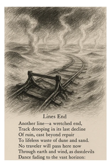 black and white pencil sketch inspired by the poem 'Lines End' showing a desolate, slumping railroad track ending abruptly in a barren landscape of dunes and sand, with twisted rails and a sense of ruin, vast empty wasteland with wind, earth, and dust devils, dramatic lighting, no background clutter, include the verbatim poem text in double quotes in a regular text font flowing along the bottom or side of the sketch sticker