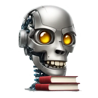 robotic metallic mechanical head with books sticking out of skull sticker