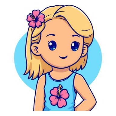 preppy coastal teen girl with blue eyes, beach blonde hair, tan skin, hibiscus flower in her ear, preppy beach outfit sticker