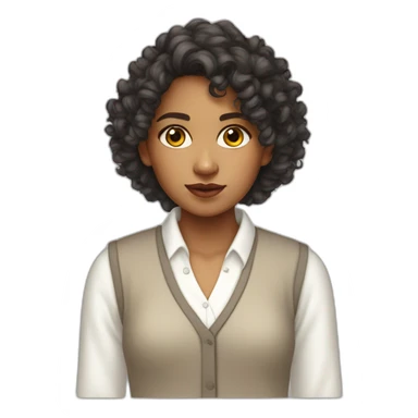 curly hair indian girl wearing a collared long sleeve white shirt under a white sweatervest sticker