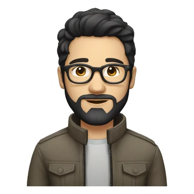 A beautiful white skin  young man with black and medium hair and white skin and beard, wearing round glasses and jacket sticker