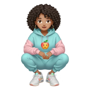 Black girl, clean girl aesthetic, 4C curly hair in a puff, pastel hoodie, white sneakers, minimal jewelry, soft smile, cozy vibe, bright colors, Apple-style emoji auto cuidado da pele sticker