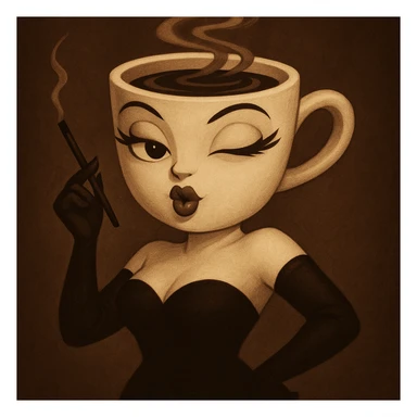 Change the coffee cup woman's expression to flirty, with one eye winking and blowing a kiss. Keep the original style and character, only modify the eyes and mouth, preserving the original style and look. sticker