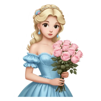 Blonde model with brown eyes wearing a light blue silk rococo gown clutching a giant bouquet of cream and pink roses sticker