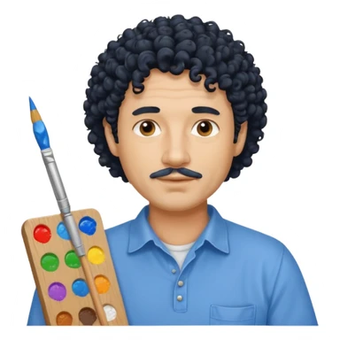 homme 50 ans cheveux frisé noir artiste peintre chemisse bleu sticker