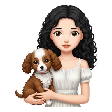 beautiful girl with long black hair in a white dress holding a small brown curly-haired dog sticker