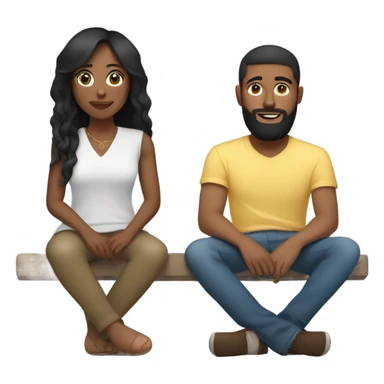 Black woman with black straight hair sitting on soft surface with pillows   with  British Caucasian male with brown hair and beard  sticker