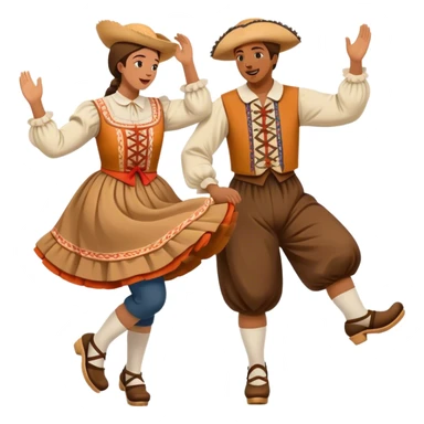 Cinematic Realistic scene of two performers executing the Klompendans, dressed in traditional Dutch costumes complete with wooden clogs and detailed folk patterns, captured in lively motion with soft, natural lighting sticker