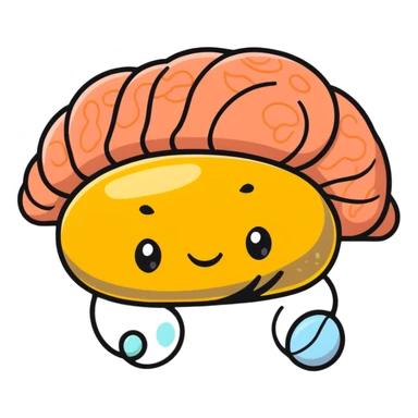 A bright, healthy brain surrounded by foods rich in phosphatidylserine precursors: salmon, egg yolk, fermented soy, and healthy fats, all connected by gentle glowing lines to the brain. sticker