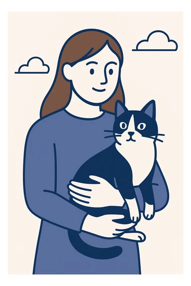 a person with brown long hair holding a black and white cat, clean modern illustration style sticker