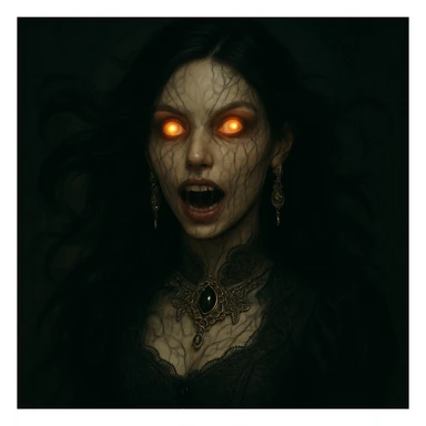 Make the beautiful scary girl look realistic, photorealistic horror portrait style. Keep gothic jewelry and supernatural features with dramatic lighting. Emphasize photorealism and horror elements in the portrait. sticker