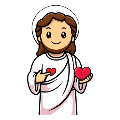 cartoon Jesus with a heart symbol, smiling, simple lines sticker